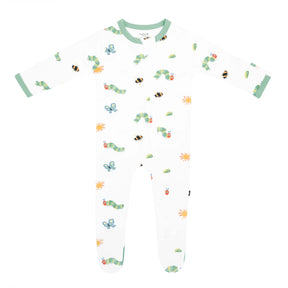 Kyte Baby unisex bamboo zippered footie with The Very Hungry Caterpillar™ print, Green trim, and dual zipper.