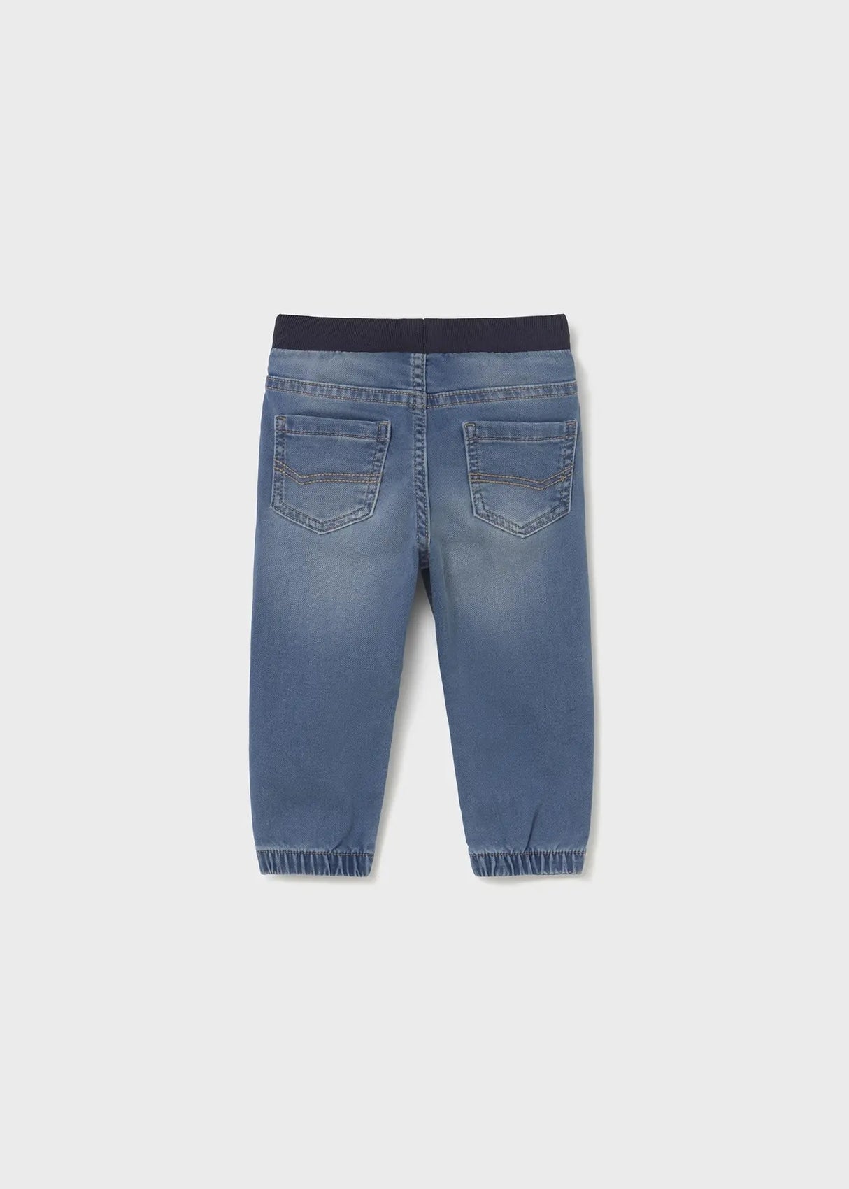 “Back view Mayoral baby denim jogger pants blue, cuffed hems and pockets