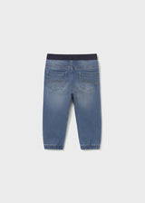 “Back view Mayoral baby denim jogger pants blue, cuffed hems and pockets