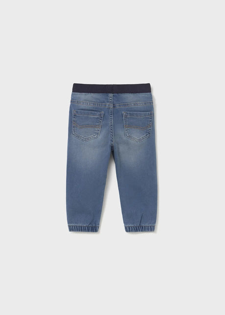 “Back view Mayoral baby denim jogger pants blue, cuffed hems and pockets