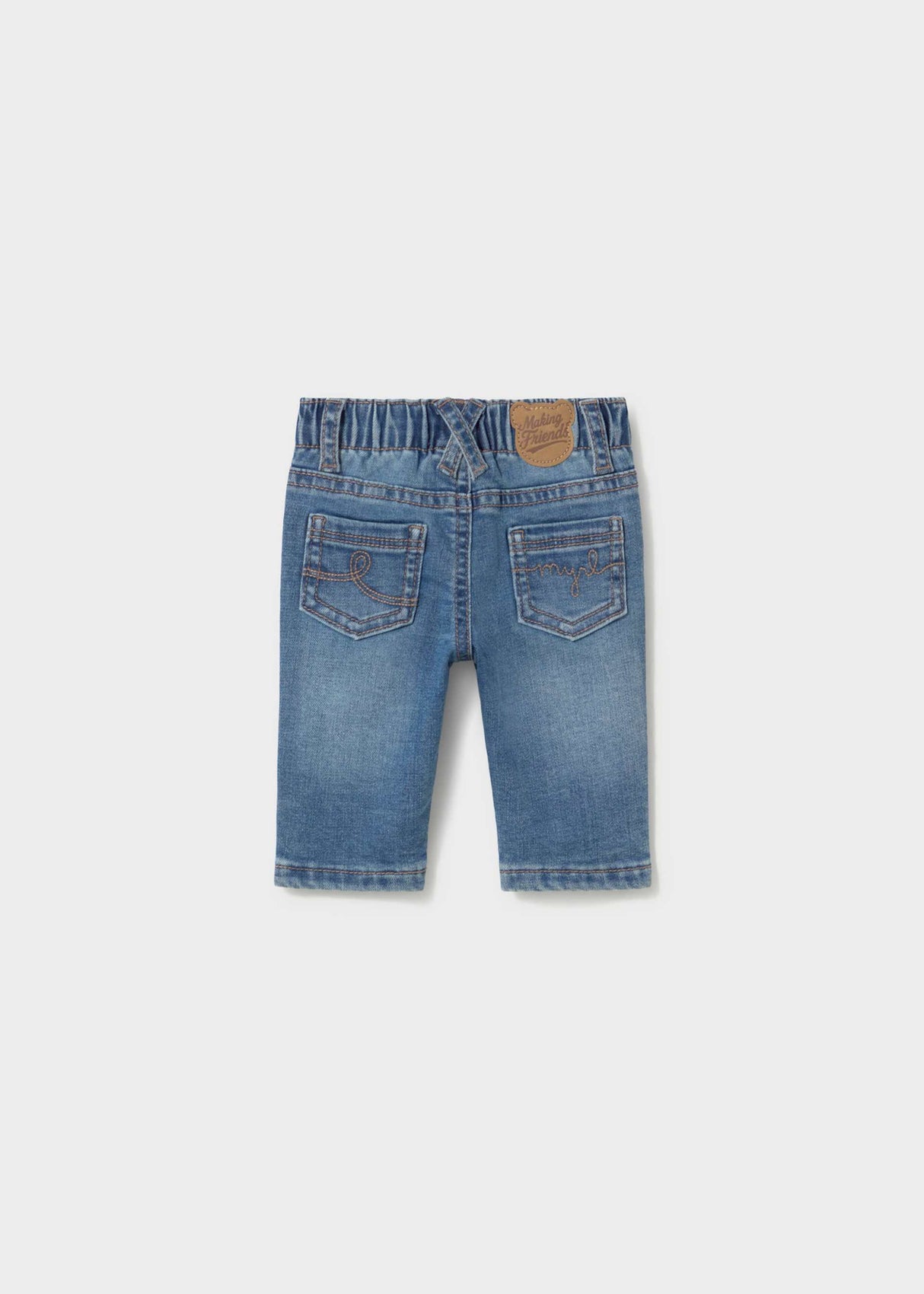 Front view of Mayoral baby boy blue jeans with classic denim wash and infant sizing.