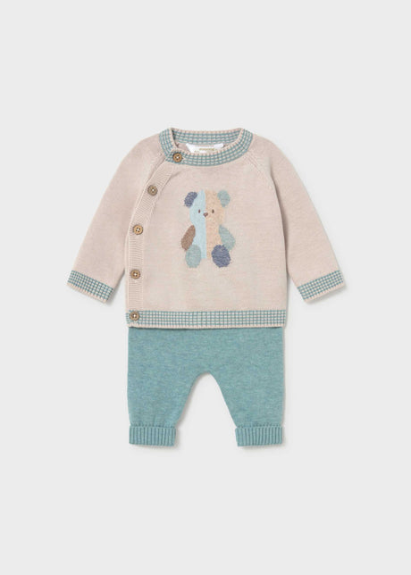 Mayoral newborn boy knit sweater and pants set in beige and mineral green with a bear on the front