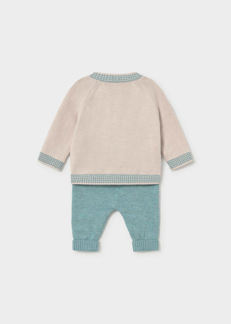 Back view of the Mayoral newborn beige knit sweater and mineral green pants set