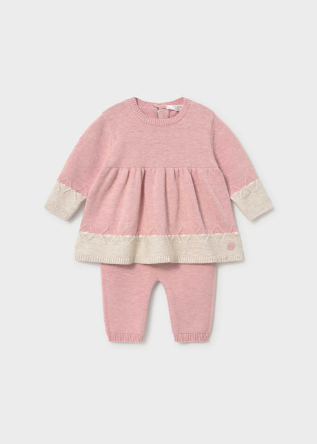 Mayoral newborn baby girl dress with leggings set in soft Pink and Cream 100% cotton.