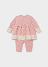Back view of Mayoral baby girl Pink dress and leggings set with Cream trim details.