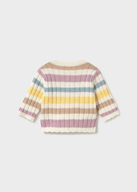 Front view of Mayoral baby girl pastel stripe cardigan in soft cotton-blend knit.