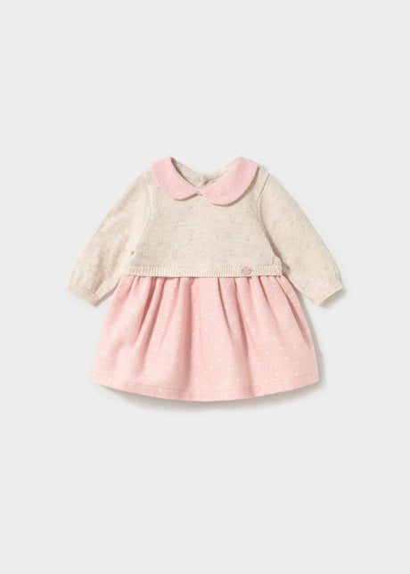 Mayoral newborn baby girl knit dress in Ivory and Pink with long sleeves and soft cotton lining.