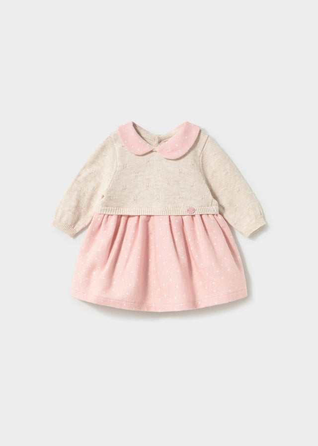 Mayoral newborn baby girl knit dress in Ivory and Pink with long sleeves and soft cotton lining.
