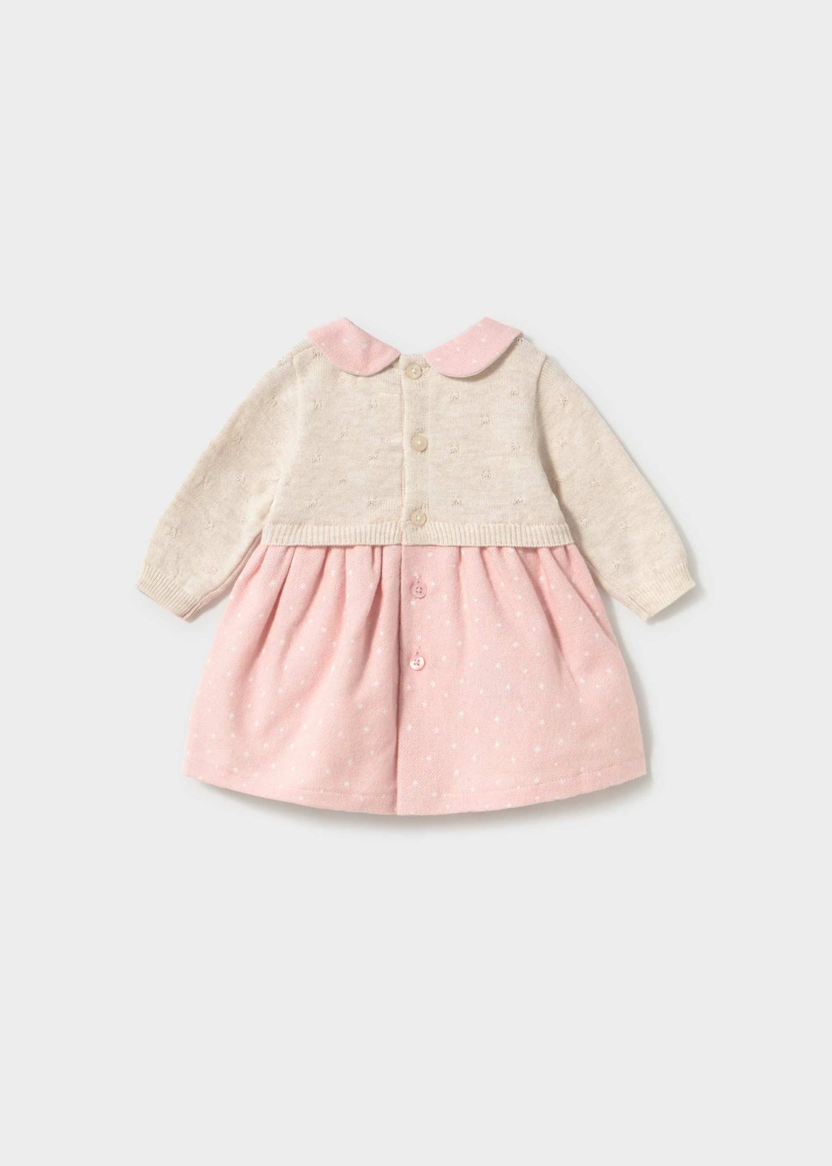 Back view of Mayoral baby girl Ivory Pink knit dress with sweet collar and gathered skirt.