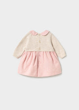 Back view of Mayoral baby girl Ivory Pink knit dress with sweet collar and gathered skirt.