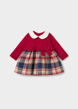 Mayoral newborn baby girl knit dress with red bodice, white collar, plaid skirt, and bow detail.