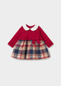 Mayoral newborn baby girl knit dress with red bodice, white collar, plaid skirt, and bow detail.