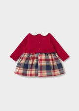 Back view of Mayoral baby girl red plaid knit dress with cotton lining and long sleeves.