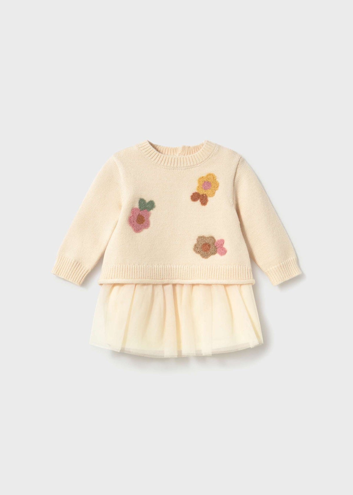Cream knit top with textured flower motifs over a cream tulle skirt, Mayoral baby girl dress