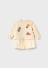 Cream knit top with textured flower motifs over a cream tulle skirt, Mayoral baby girl dress