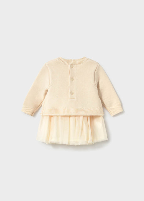 Back of the cream Mayoral holiday dress with button closure and tulle skirt