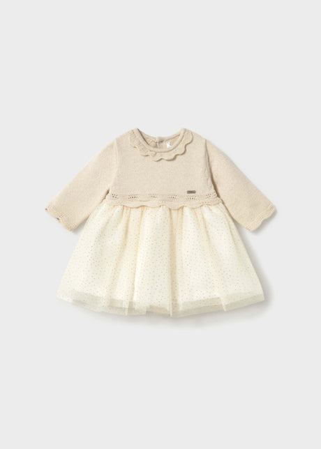 Mayoral newborn baby girl tulle dress in Ivory with long sleeves, layered skirt, and cotton lining.