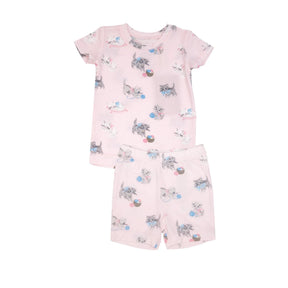 Front view of Angel Dear Vintage Kitten bamboo short pajama set for baby girls