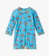 Hatley baby boy UPF50+ rashguard swimsuit in Blue with Tropical Ocean fish print and long sleeves.