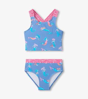 Hatley girls UPF50+ two-piece swimsuit in Periwinkle Blue with colorful mermaid print and matching bottoms.
