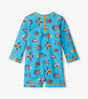 Back view of baby boy one-piece ocean-print swimsuit showing zipper detail and full tropical pattern.