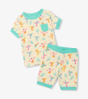 Hatley girls bamboo short pajama set in Cream/Mint with Springtime Hummingbirds print and matching shorts.