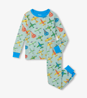 Hatley boys cotton pajama set in Green/Blue with Vintage Aircrafts print and matching long pants.