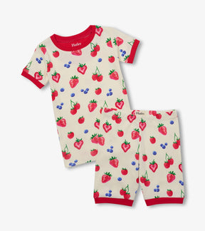Hatley girls cotton short pajama set in Cream/Red with Summer Berries print and matching shorts.