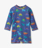 Hatley baby boy UPF50+ rashguard swimsuit in Navy Blue with colorful Dino Party print and long sleeves.
