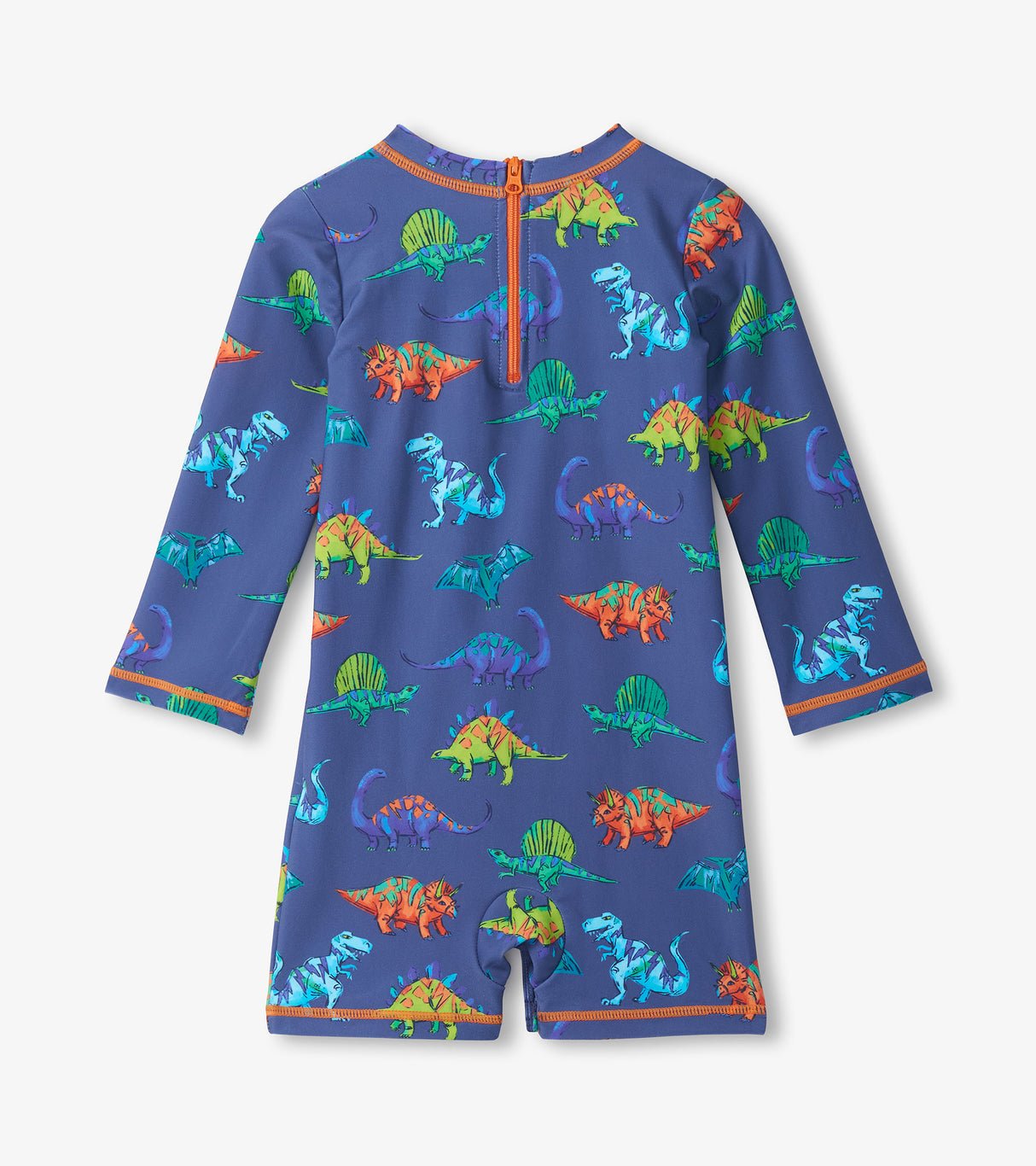 Back view of baby boy one-piece dinosaur swimsuit showing zipper detail and full all-over print.