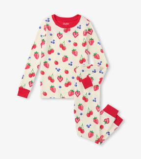 Hatley girls cotton pajama set in Cream/Red with Summer Berries print, long sleeves, and matching pants.