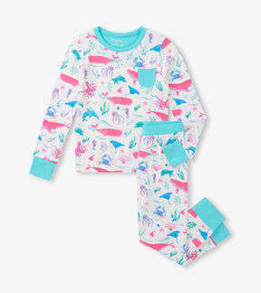 Hatley girls bamboo pajama set in White/Aqua with Painted Sealife print, long sleeves, and matching pants.