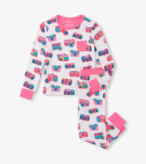 Hatley girls bamboo pajama set in White/Pink with Sketchy Cameras print and ribbed cuffs.