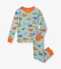 Hatley boys dino pajama set in sage with orange trim, full outfit view