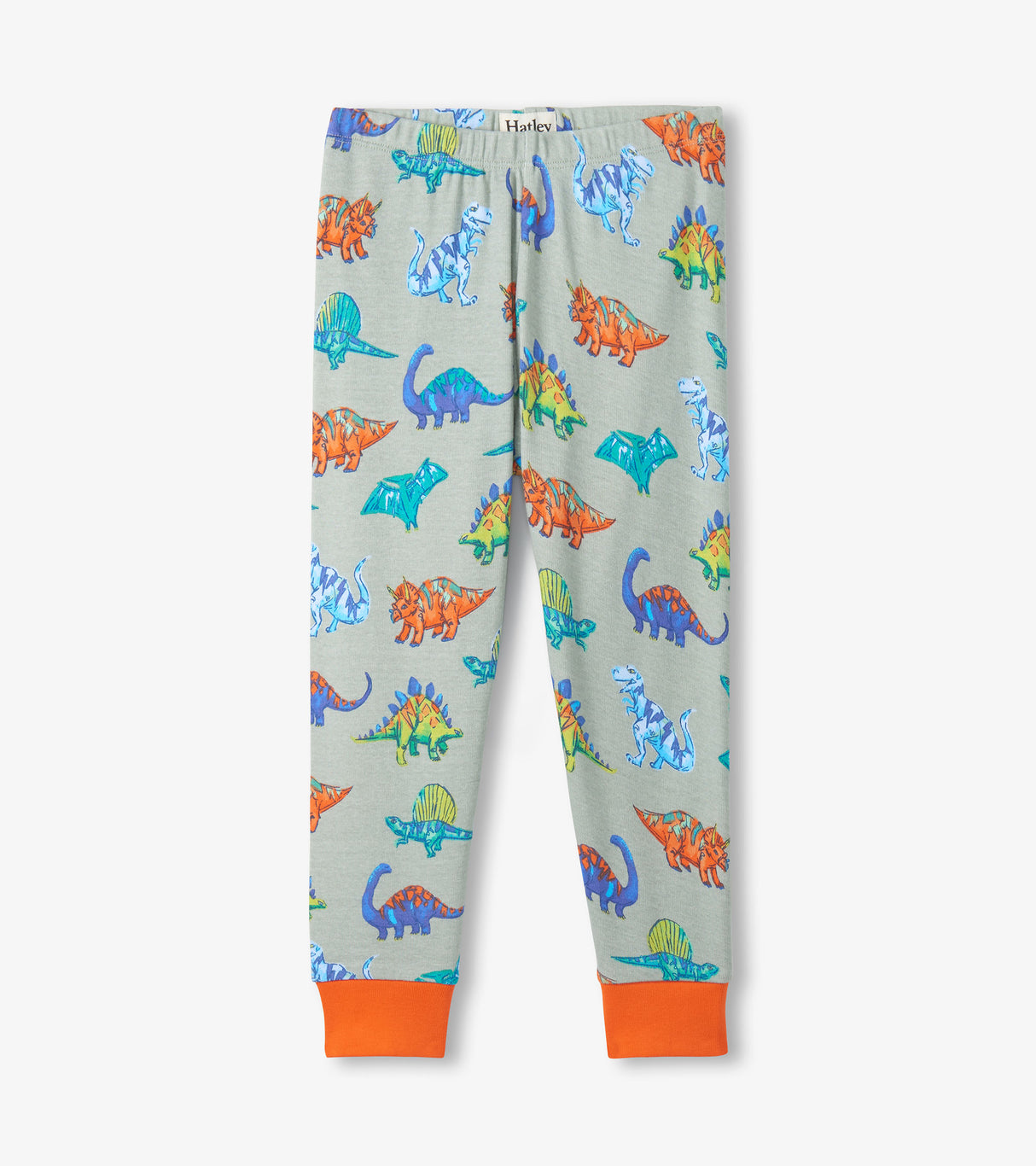 Hatley boys pajama pants in sage dino print with orange ankle cuffs