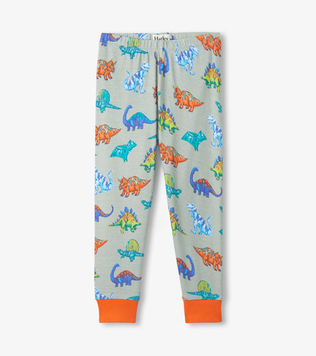 Hatley boys pajama pants in sage dino print with orange ankle cuffs