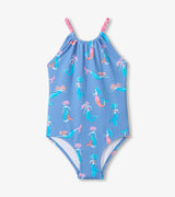 Hatley girls UPF50+ one-piece swimsuit in Blue/Pink with mermaid print, gathered front, and adjustable straps.