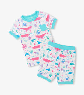 Hatley girls Painted Sea Life bamboo short pajama set with aqua trim, short sleeves, and matching shorts.