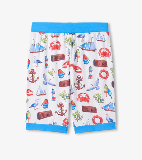 Hatley boys matching bamboo pajama shorts with Painted Seascape print and blue trim.