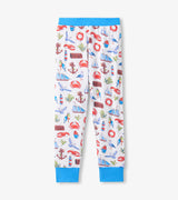 Hatley boys matching bamboo pajama pants with Painted Seascape print and blue ankle cuffs.