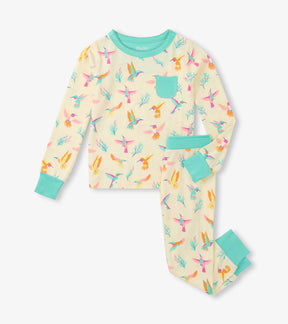 Hatley girls Springtime Hummingbirds bamboo pajama set with aqua trim and matching pants.