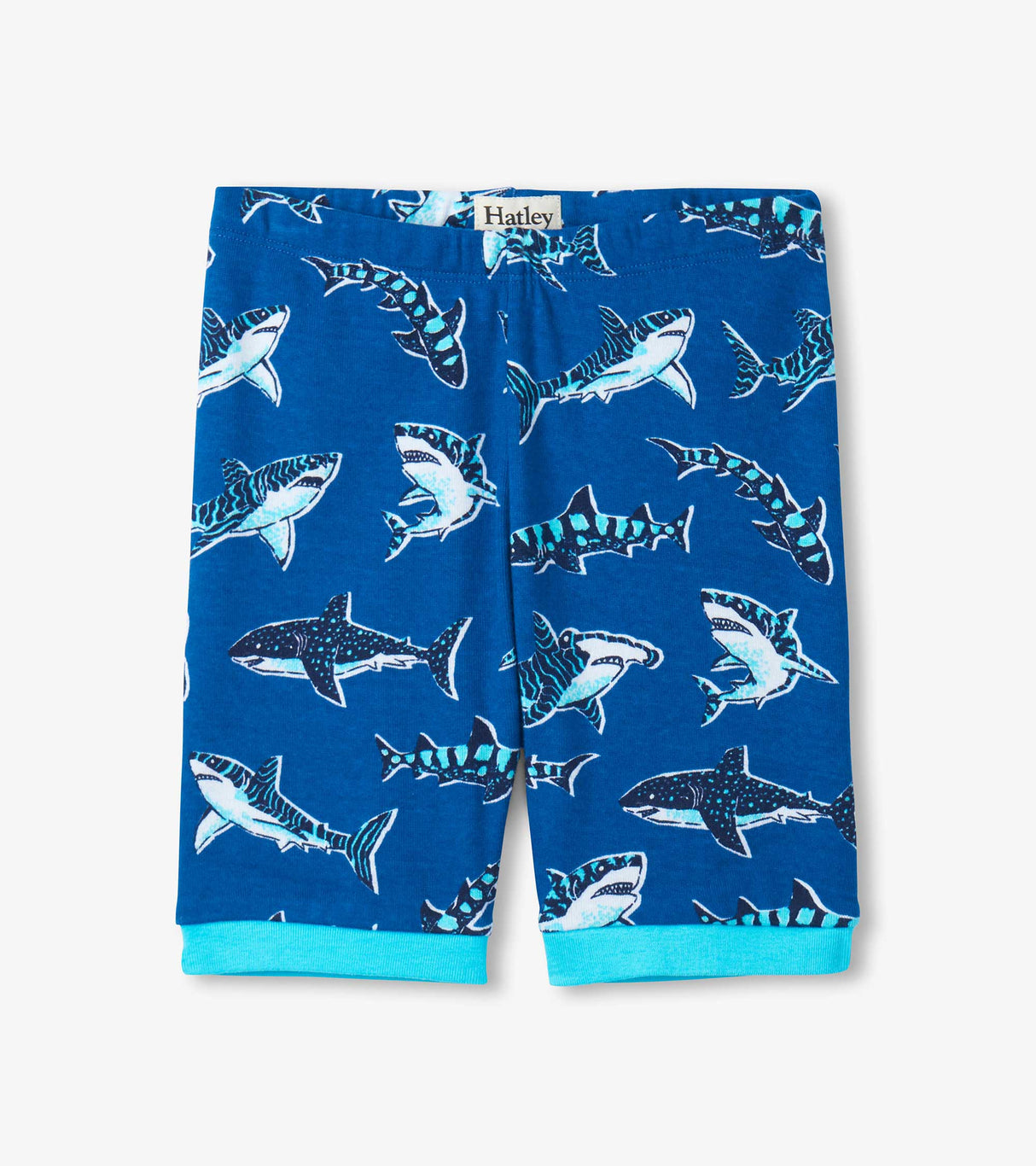 Hatley boys matching shark pajama shorts with aqua waistband, leg trim, and organic cotton feel.