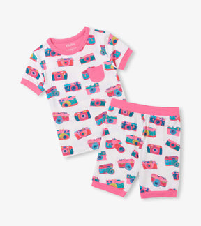 Hatley girls Sketchy Cameras bamboo short pajama set with pink trim and matching shorts.