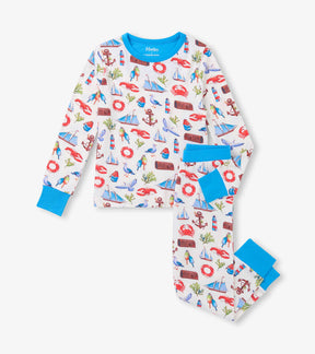 Hatley boys Painted Seascape bamboo pajama set with blue trim, long sleeves, and matching pants.