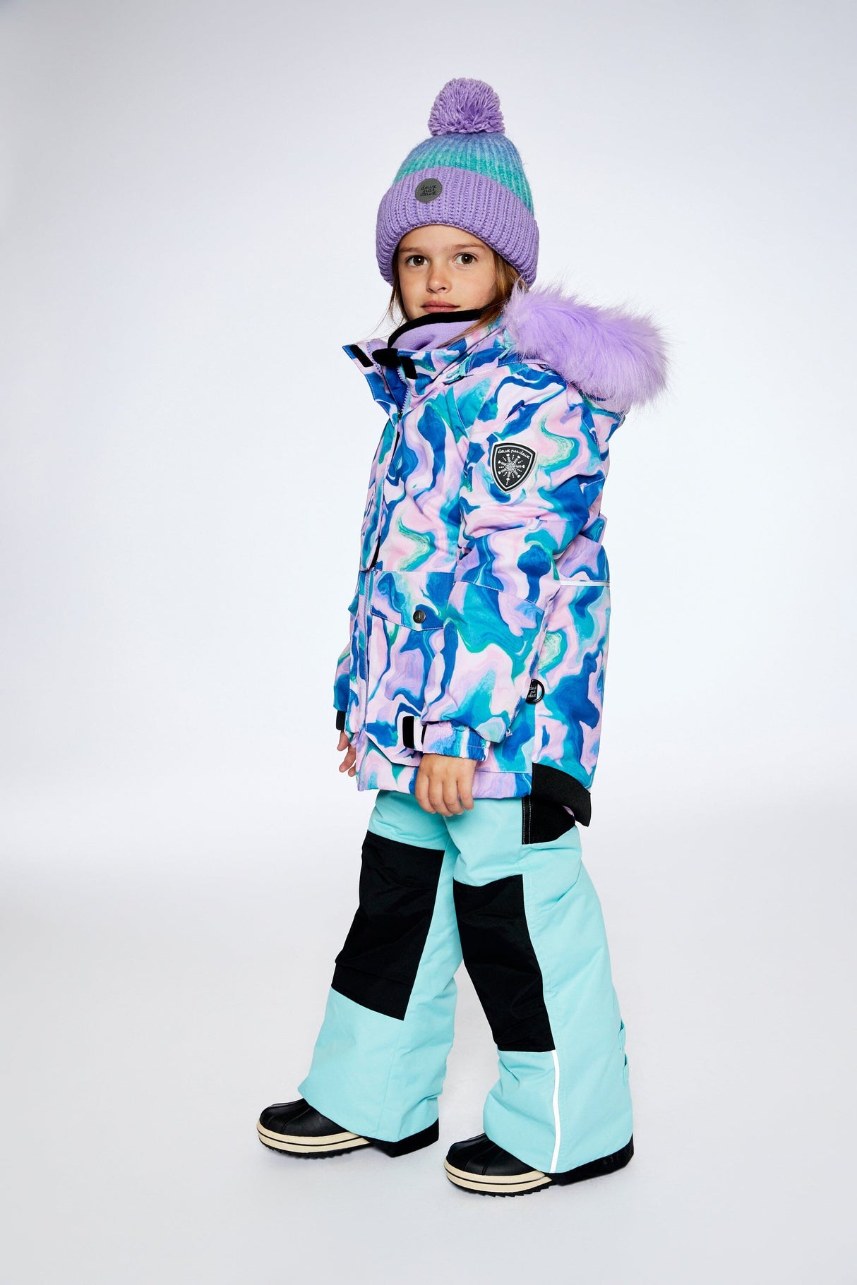 Two Piece Snowsuit In Aqua With Marbled Print-1
