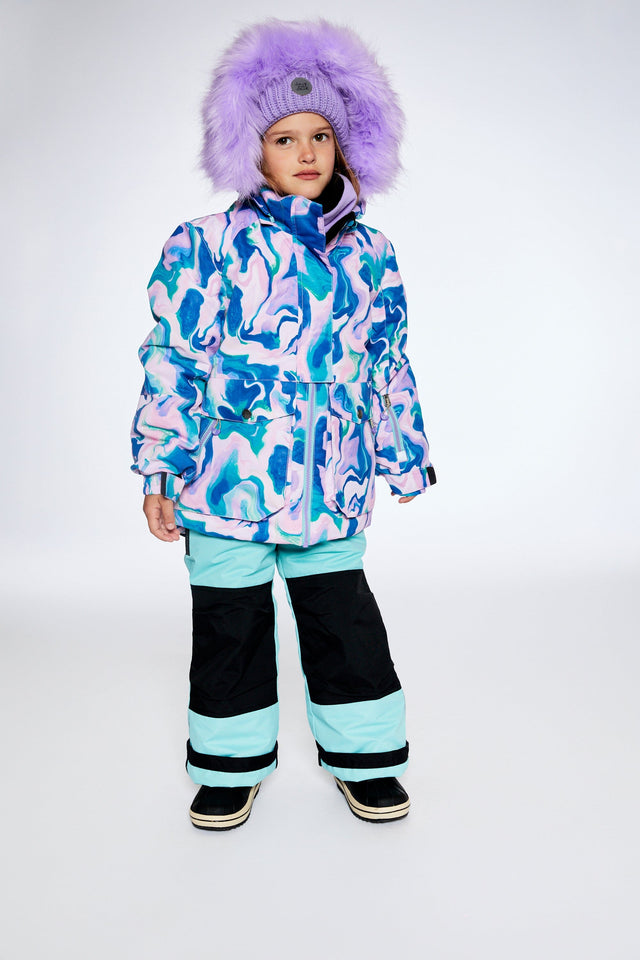 Two Piece Snowsuit In Aqua With Marbled Print-0