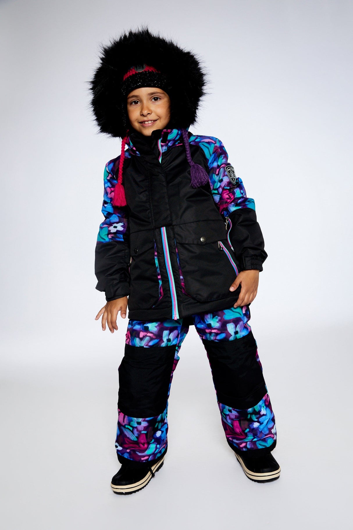 Two Piece Snowsuit In Black With Abstract Flower Print-0