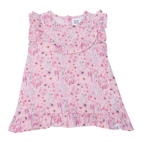 Printed Short Sleeve Blouse With Frill Pink Watercolor Flowers-0