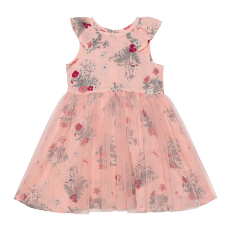 Printed Short Sleeve Dress With Tulle Skirt Vintage Pink Botanical Flowers-0
