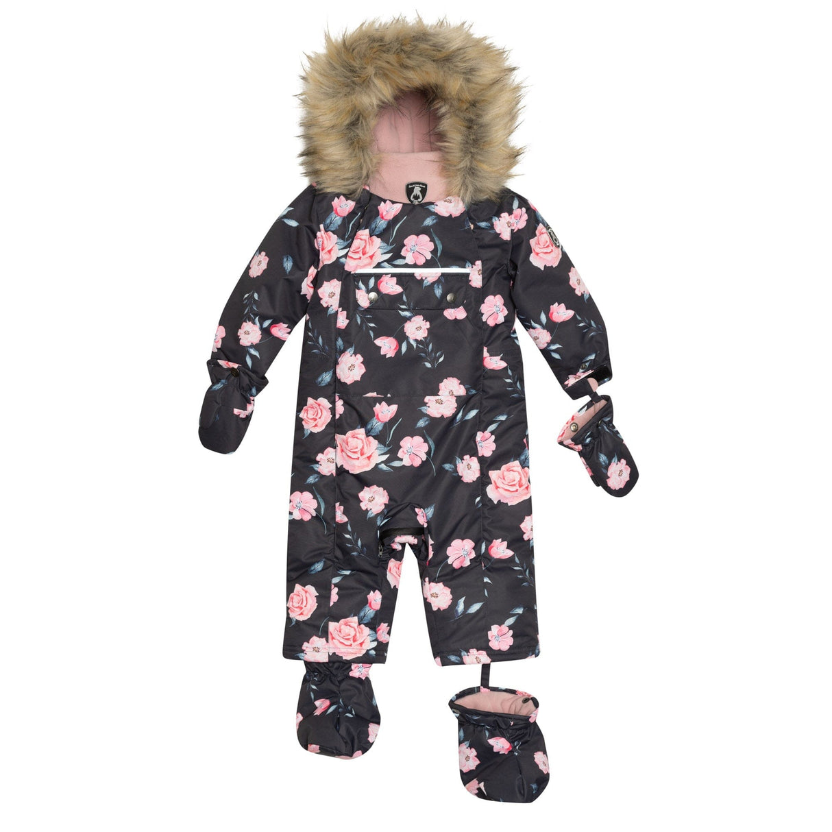 One Piece Baby Snowsuit Black With Rose Print-2